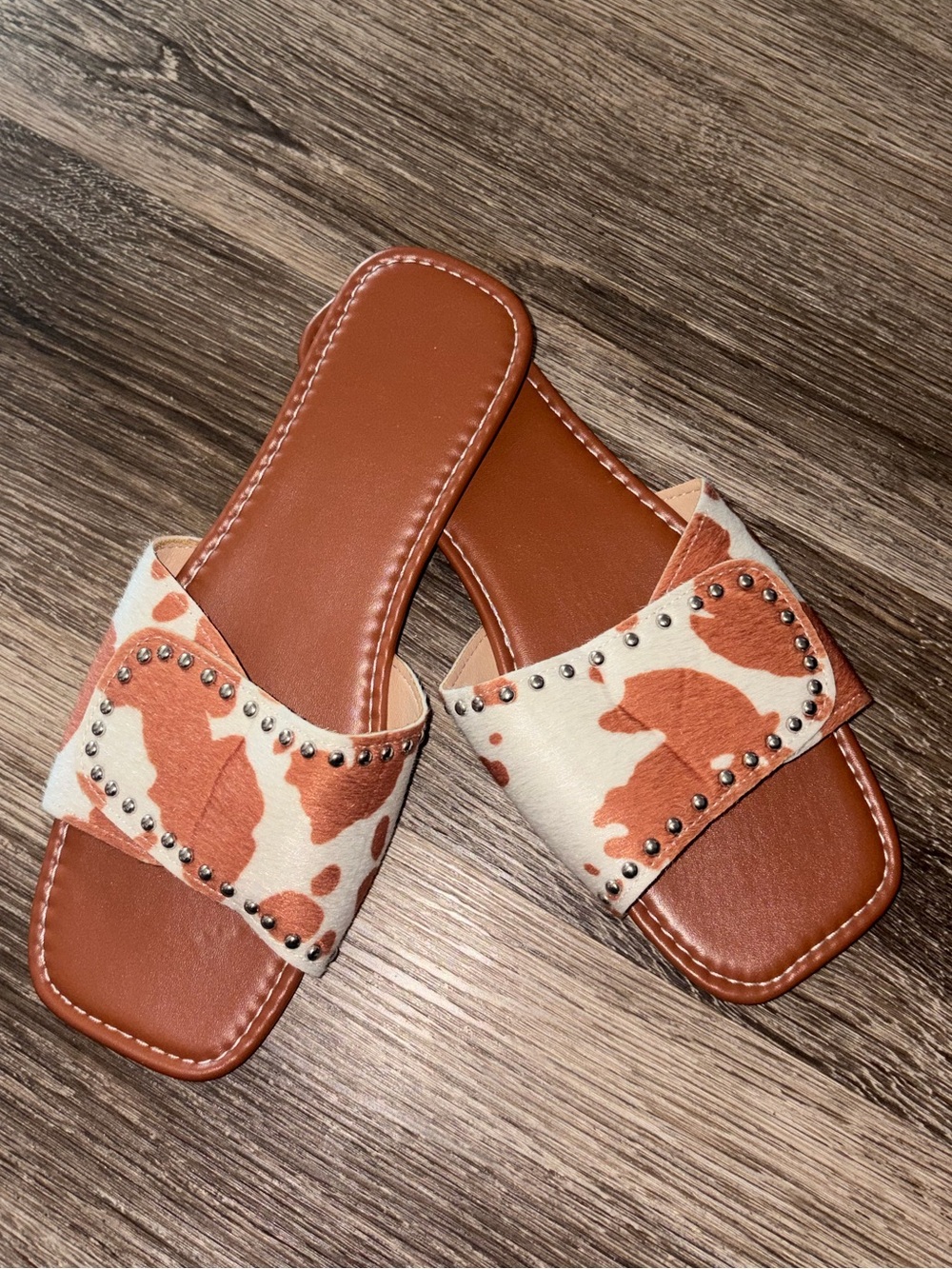 Women’s Tan & Cream Slide Faux Cowhide Sandals with Stud Accent
